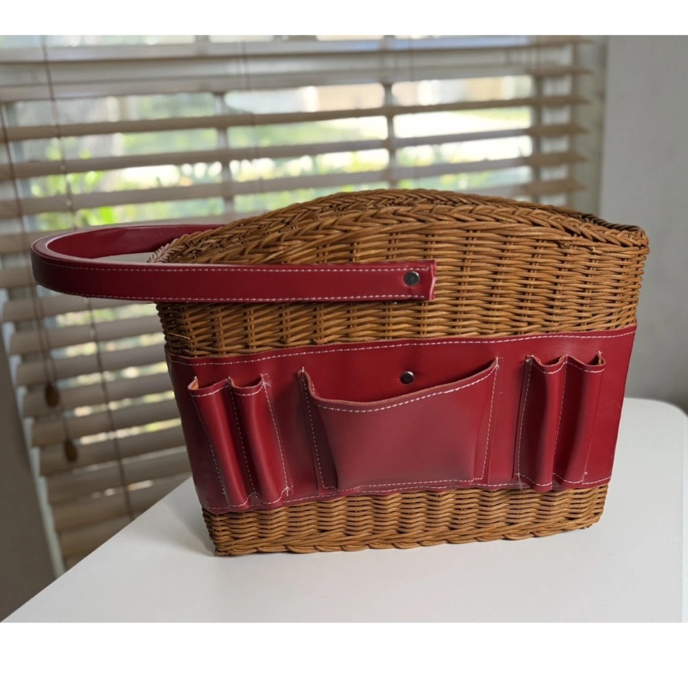 Vintage Wicker Garden Tote Basket, Red Faux Leather Tool Organizer,Decor Storage - Picture 2 of 8